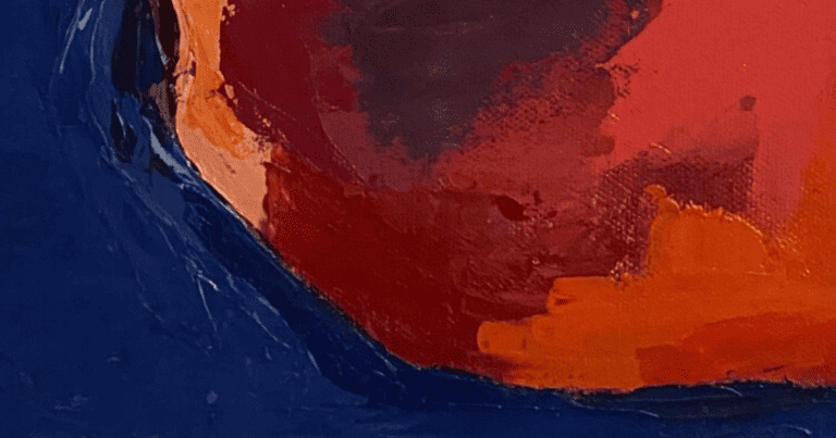 Abstract painting in blue, red and orange